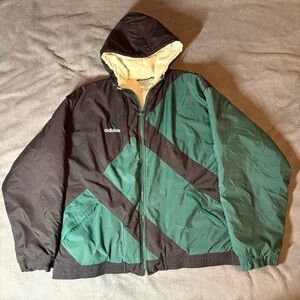 Vintage 1990s Adidas Men's Green All Over Logo Hooded Puffer Jacket